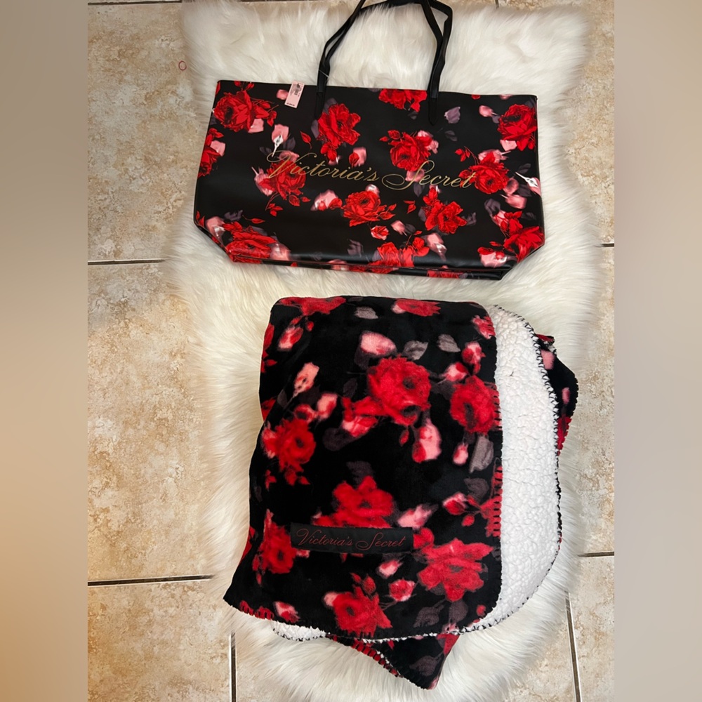 Victoria's Secret Red Floral Tote and Blanket